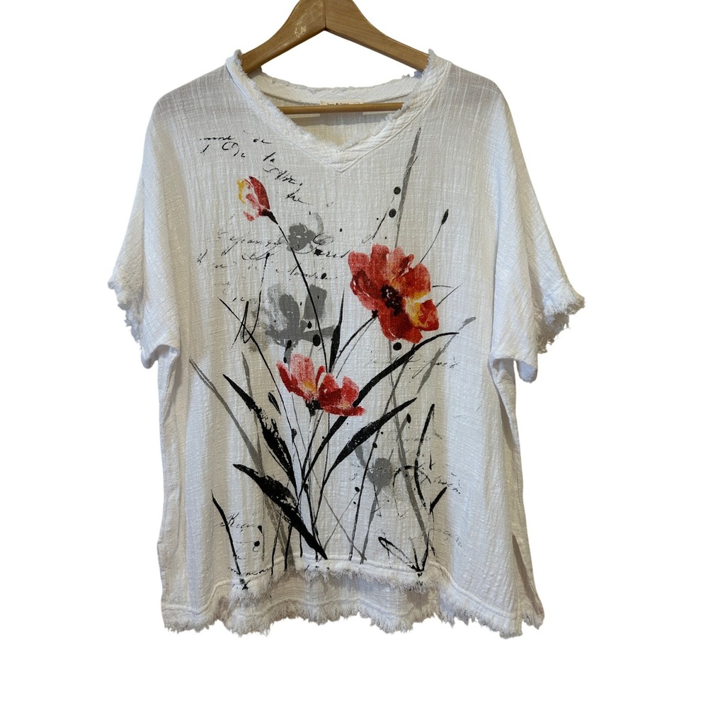 Jess & Jane Tunic Top Sz M Oversized White Floral Raw Hems Cotton Beach Artsy